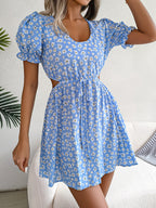 Spring Summer Casual Hollow Out Cutout out Tied Short Sleeve Floral Dress Women Clothing BAGIISA