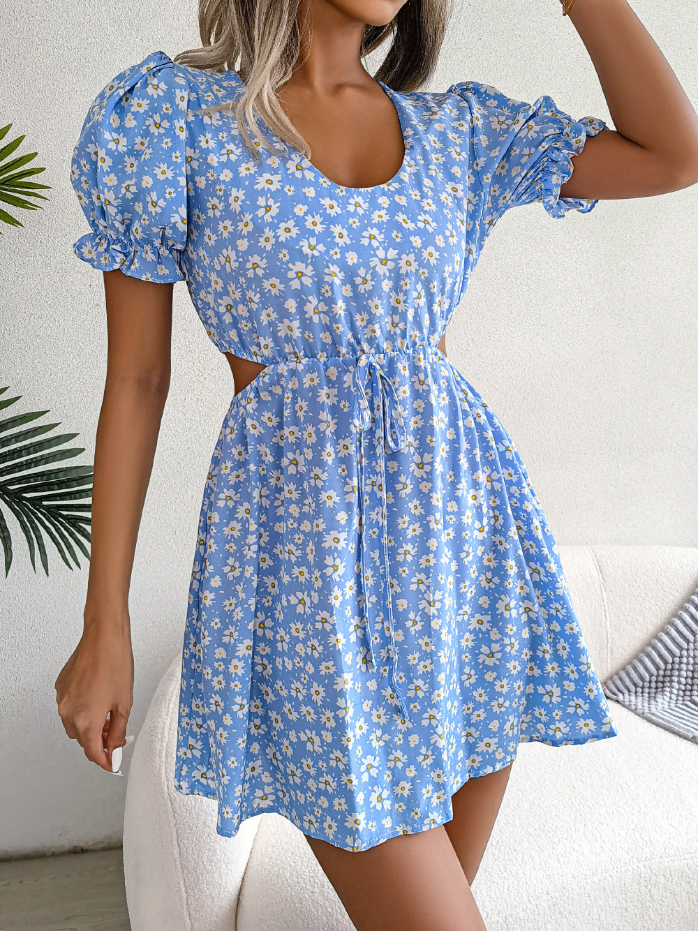 Spring Summer Casual Hollow Out Cutout out Tied Short Sleeve Floral Dress Women Clothing BAGIISA