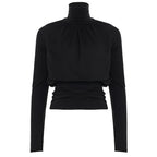 Camiseta negra oscura sexy con cuello alto y manga larga informal de cintura corta con control de adelgazamiento para mujer de otoño