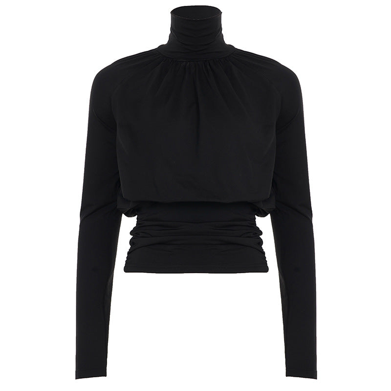 Camiseta negra oscura sexy con cuello alto y manga larga informal de cintura corta con control de adelgazamiento para mujer de otoño