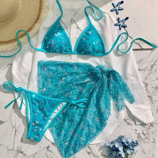Summer Women Blue Sequined Spaghetti Strap Halter Holiday Sexy Beach Three Piece Bikini Swimsuit OLam