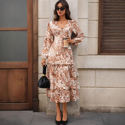 Autumn French Long Sleeve V neck Split Print Dress