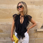 Women Clothing Summer Sexy Deep V Plunge neck Flounce Stitching Strap Sleeveless T shirt Top Flash Vision