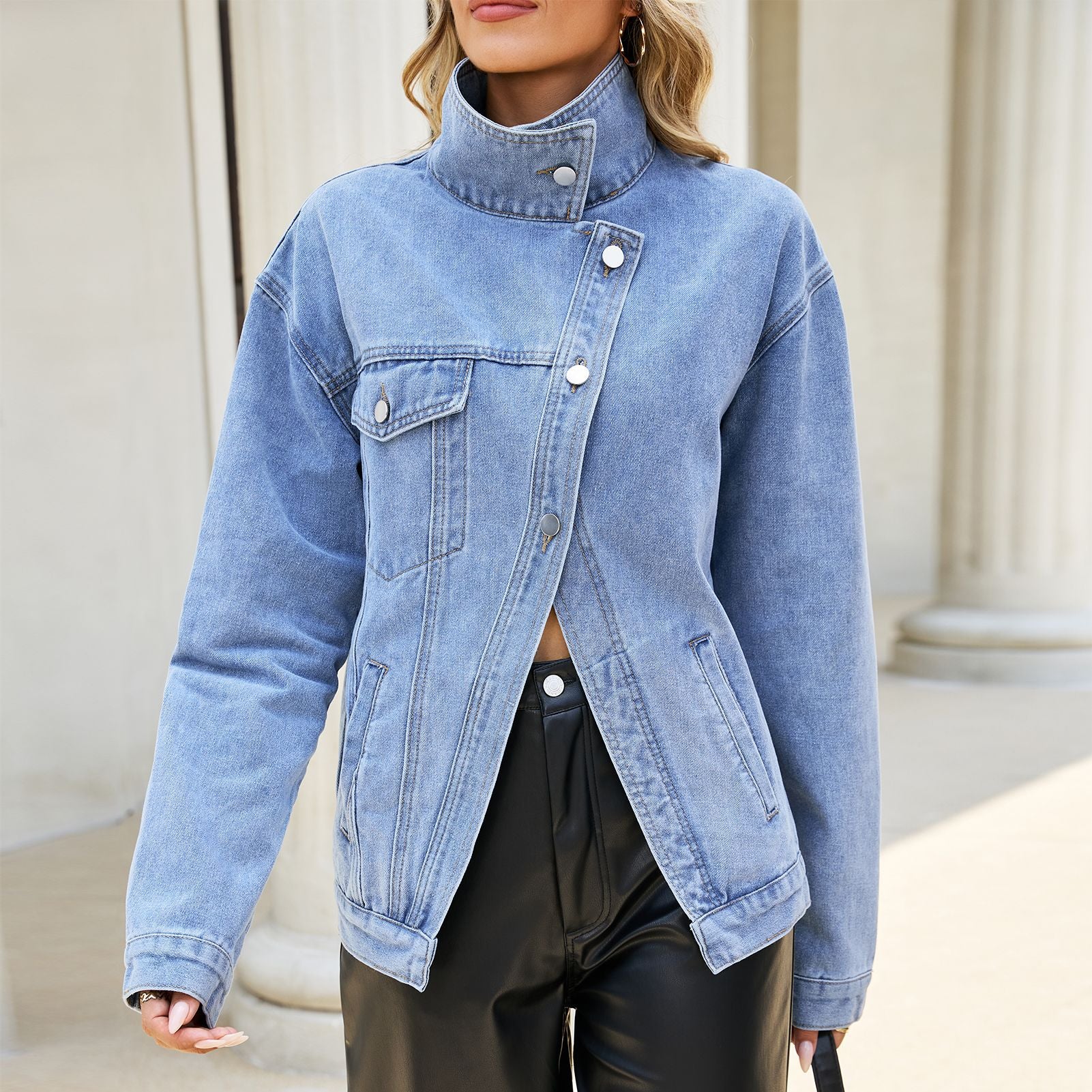 Asymmetric Oblique Placket Metal Buckle Multi Pocket Drop Shoulder Washed Denim Jacket Women MANNY
