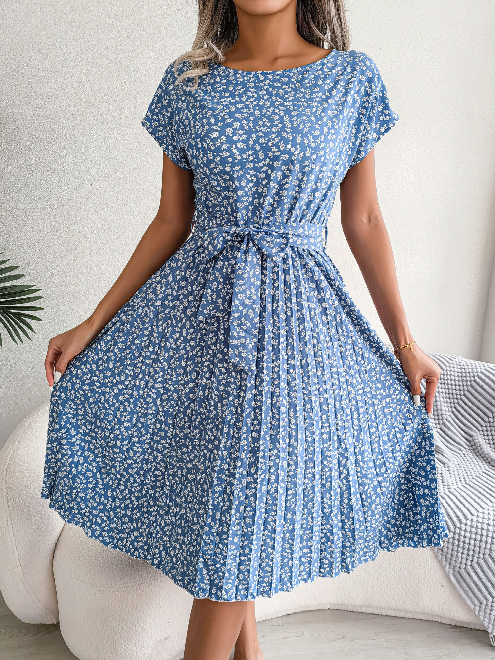 Spring Summer New Casual Short Sleeve Floral Large Hem Pleated Women Clothing BAGIISA