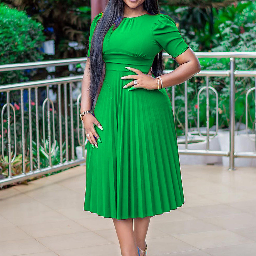 Summer Short Sleeve Pleated Solid Color Dress AETC