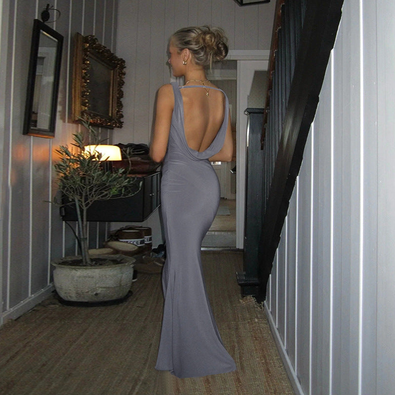 Robe sexy dos nu sans manches à col montant, coupe ajustée, idéale pour le printemps et les femmes.