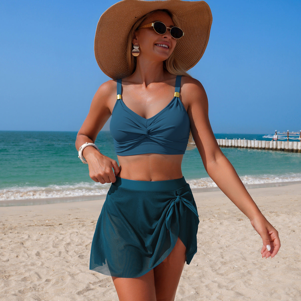 Ladies Split Swimsuit Two Piece Sets Bikini Solid Color High Waist Sexy Song