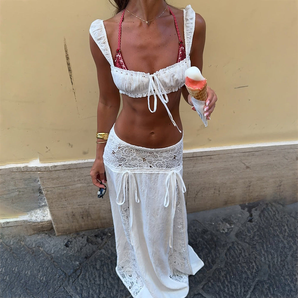 Women Solid Color Sexy Waist Beach Skirt Set Mangar
