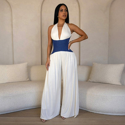 Women Clothing Spring Summer Halter Strap Contrast Color Zipper Tube Top Wide Leg Loose Jumpsuit