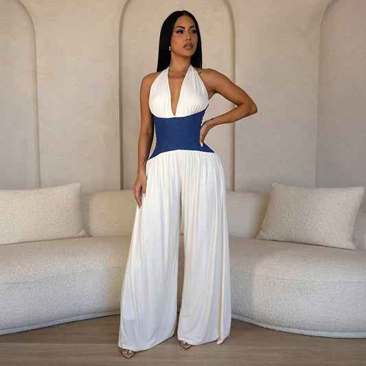 Women Clothing Spring Summer Halter Strap Contrast Color Zipper Tube Top Wide Leg Loose Jumpsuit