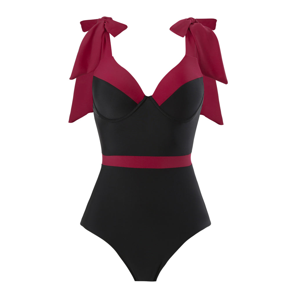 Solid Color One Piece Women Swimwear Suit European, French Spring Cover Belly Slimming Swimsuit