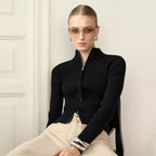 Manteau d'automne-hiver à col montant, coupe ajustée, manches longues, cardigan à double fermeture éclair, manteau en maille thermique pour femme