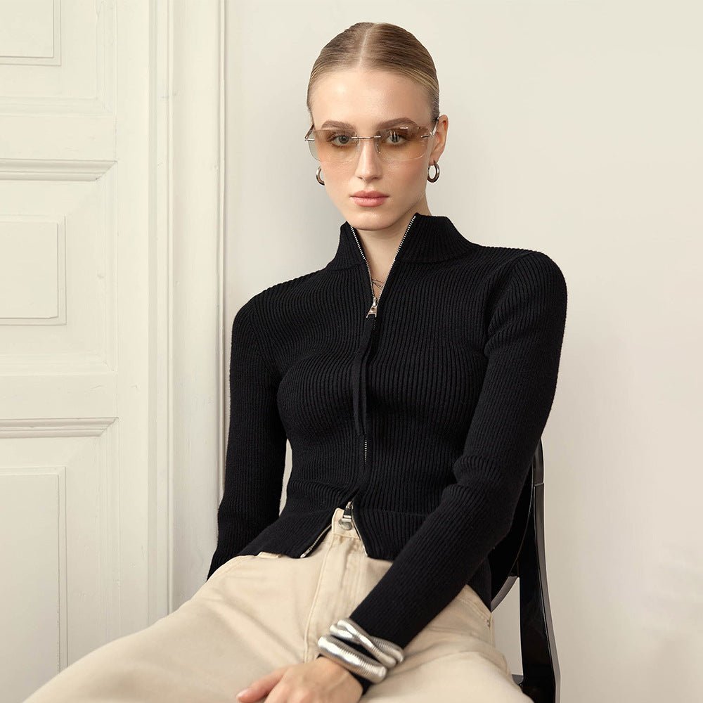 Manteau d'automne-hiver à col montant, coupe ajustée, manches longues, cardigan à double fermeture éclair, manteau en maille thermique pour femme