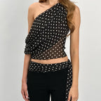 Haut asymétrique sexy à pois en mousseline transparente à col diagonal pour femme