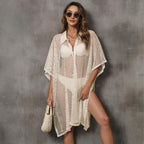Blusa de playa para mujer, ropa de vacaciones, de malla con retazos, cuello camisero, vestido asimétrico irregular, ropa holgada