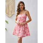 Summer Three Dimensional Rose Embroidered Sweet Elegance Suspender Strap Bow Dress for Women CHARM