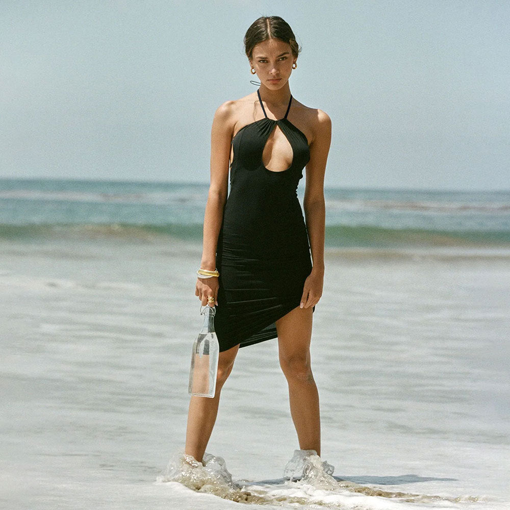 Sexy Hollow Out Cutout-out Halter Dress Women Summer Seaside Beach Backless Slit Slim Fit Niche Sexy Dress Yiskiss