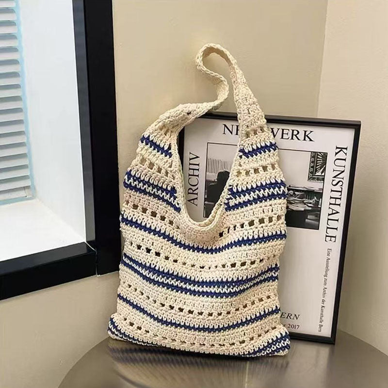 Bolso de hombro a rayas de hilo de algodón tejido, de gran capacidad, con aberturas, de paja, para playa y vacaciones. 