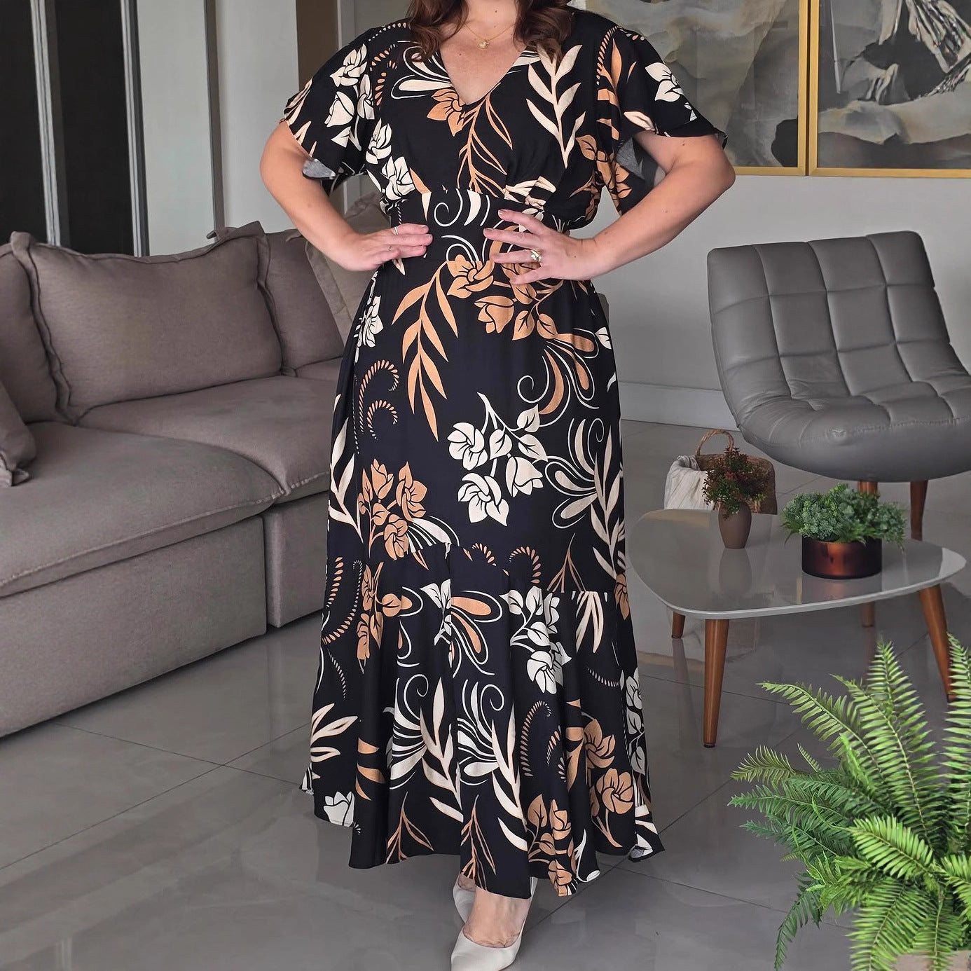 Women Vacation Casual Elegant Ruffle Sleeve V neck Tight Waist A line Dress PLAYA
