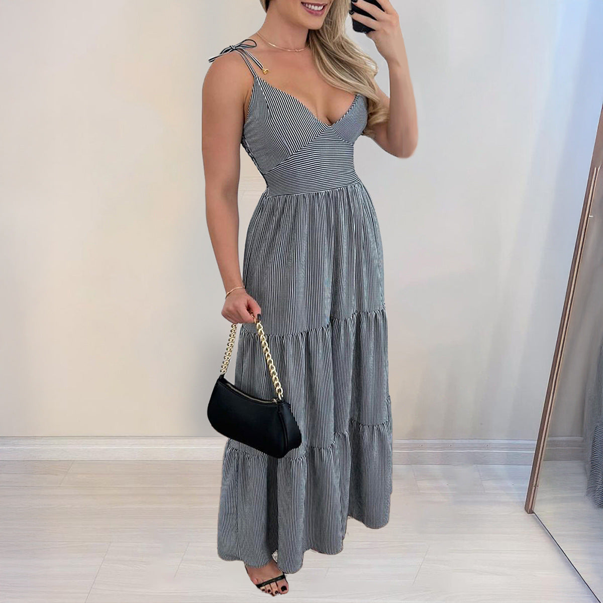 Women Clothing Spring Summer Elegant Striped Tied Dress CKK