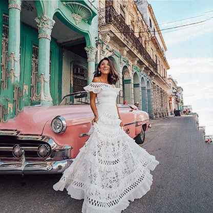 Vestido largo de verano con hombros descubiertos, volantes, aberturas y dobladillo ancho de encaje para mujer
