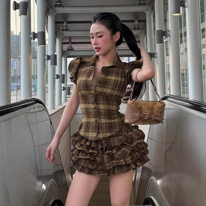 Korean Sweet Girl Preppy Plaid Puff Sleeve Shirt Irregular Asymmetric Hem Waist Slimming Single Breasted Cardigan Top Skirt Sets