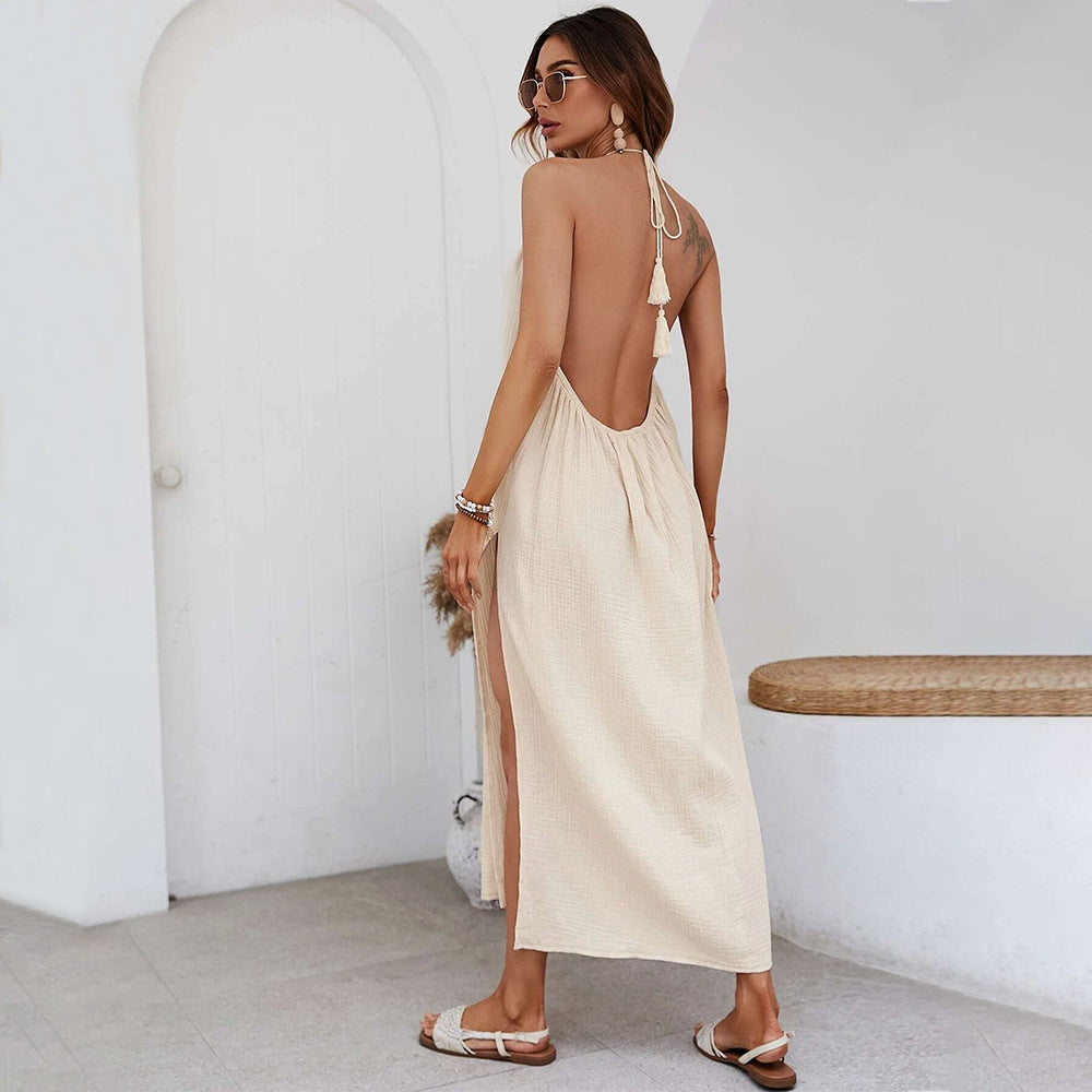 Woven Elegant Design Bare Back Seaside Holiday Halter Dress Yiskiss