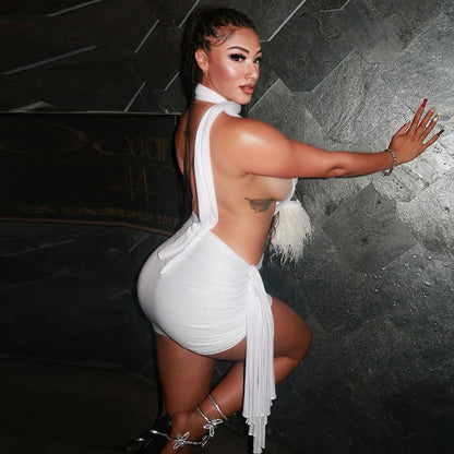 Street Women Wear Stitched Backless Solid Color Hip Lace up Pleated Asymmetric Dress