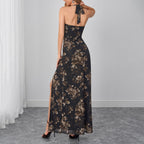 Summer Mesh Halter Tied Dress Dignified Goddess Tight Waist Slim Tall Looking Split Printed Dress SUNSHINE