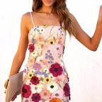 Spring Summer Gorgeous Three Dimensional Floral Embroidered Strap Short Dress Dinner Suit GlamArt
