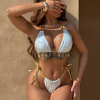 Split Bronzing Swimsuit Halter Strap Shell Jewelry Embellished Women Bikini Sexy Beachwear Chimie