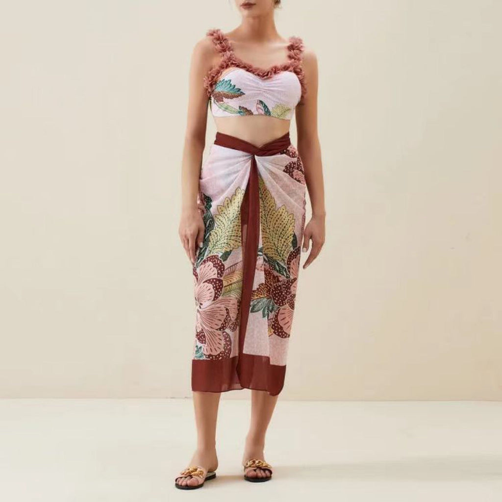 Three Piece Set Swimsuit Customized Printed Steel Bracket Push up Petals Gauze Skirt Swimsuit Women Peaches