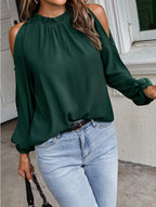 Blusa plisada de manga larga con cuello redondo y hombros descubiertos para mujer, color liso, con hojas de loto, para otoño e invierno