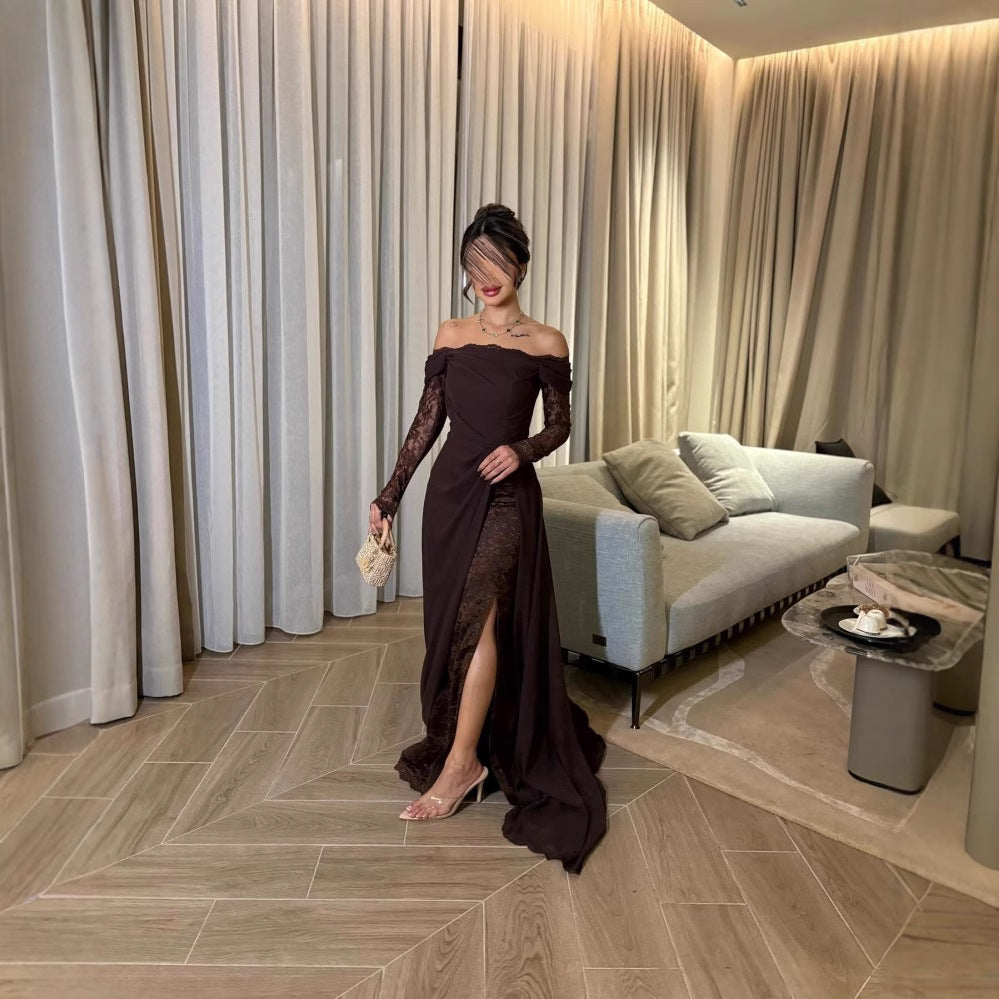 Spring Summer Women Clothing Tube Top Stitching Lace Long Sleeve Big Hem Elegance Retro Dress