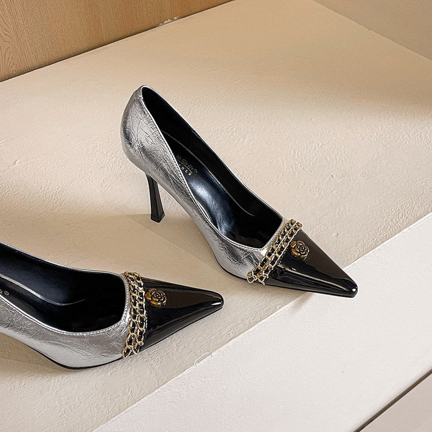 Design Color Matching Metal Chain Super High Heels Stiletto Pointed Toe Camellia Chanel Shoes ForestFootwear