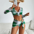 Maillot de bain femme quatre pièces fendu à manches longues imprimé célébrités Internet à lacets