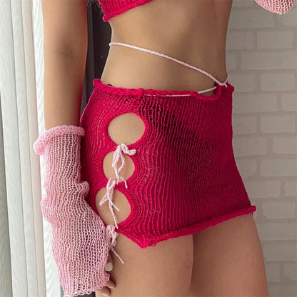 Falda de punto con abertura en la cadera y encaje en el pecho con decoración de perlas sexy de verano para mujer