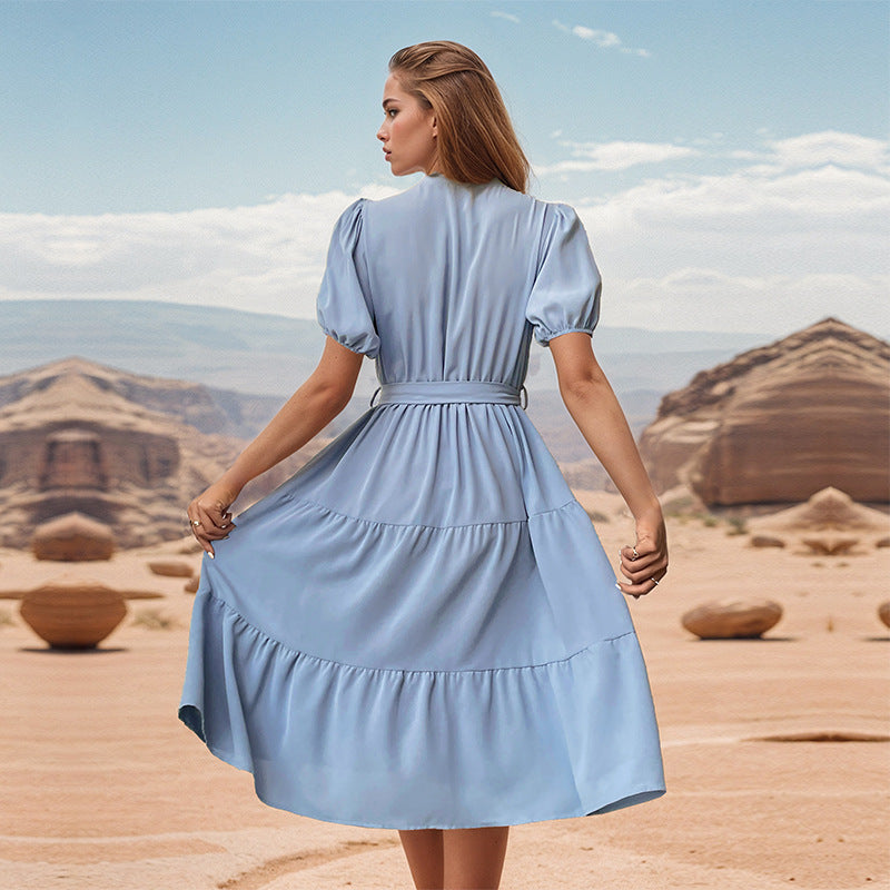 Summer Stand Collar Pleated Mid Length Short Sleeve Office Lace up Dress Jeme