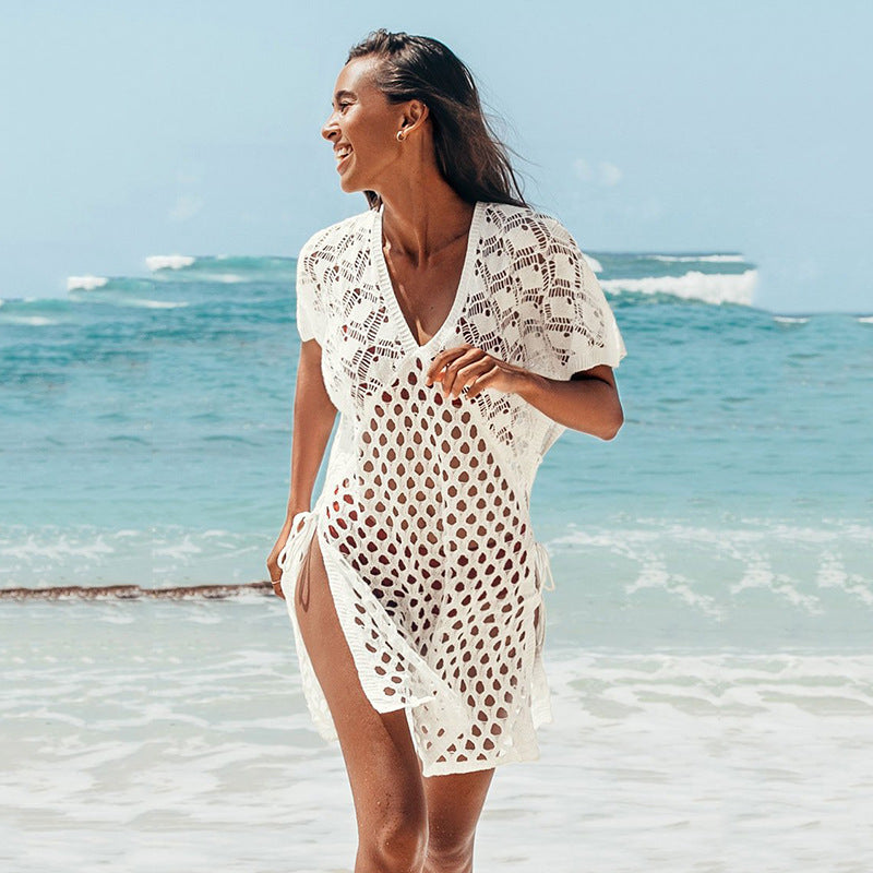Blouse Women Knitted Hollow Out Cutout out V neck Pullover Short Sleeve Smock Dress Women Breathable Mangar