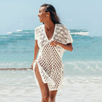 Blouse Women Knitted Hollow Out Cutout out V neck Pullover Short Sleeve Smock Dress Women Breathable Mangar