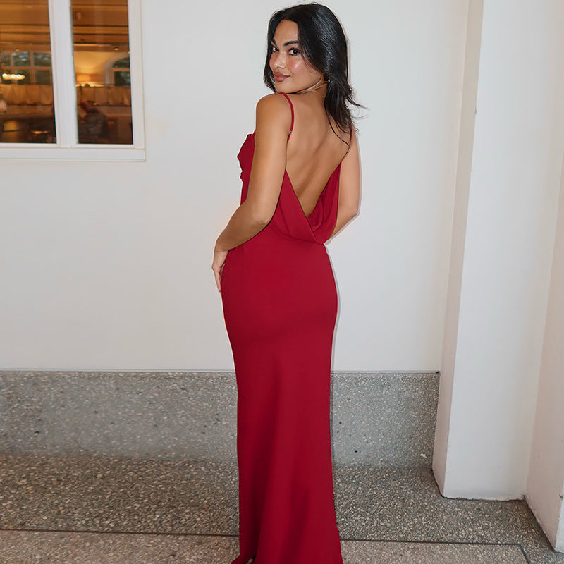Vestido largo de verano para mujer, sexy, sin espalda, con tirantes finos, color liso, ajustado
