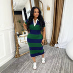 Women Clothing Spring Summer Polo Collar Contrast Color Slim Fit Split Dress Bunning
