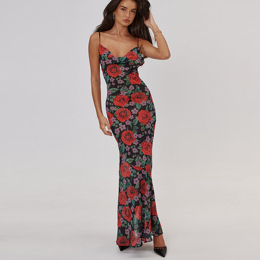 Spring Fashionable Sexy V neck Elegant All Match Slim Fit Long Printed Cami Dress for Women