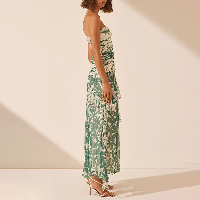 Artistic Retro Printed Tube Top Dress Dignified Sense of Design Pleated Long Mesh Dress Women Ory