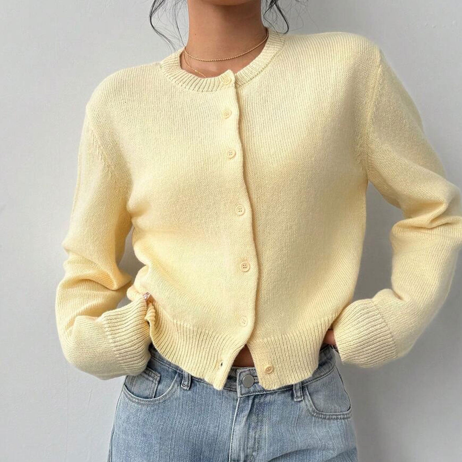 Fashionable Knitted Cardigan Women round Neck Long Sleeve Solid Color Sweater Spring Slim Fit Top Owen
