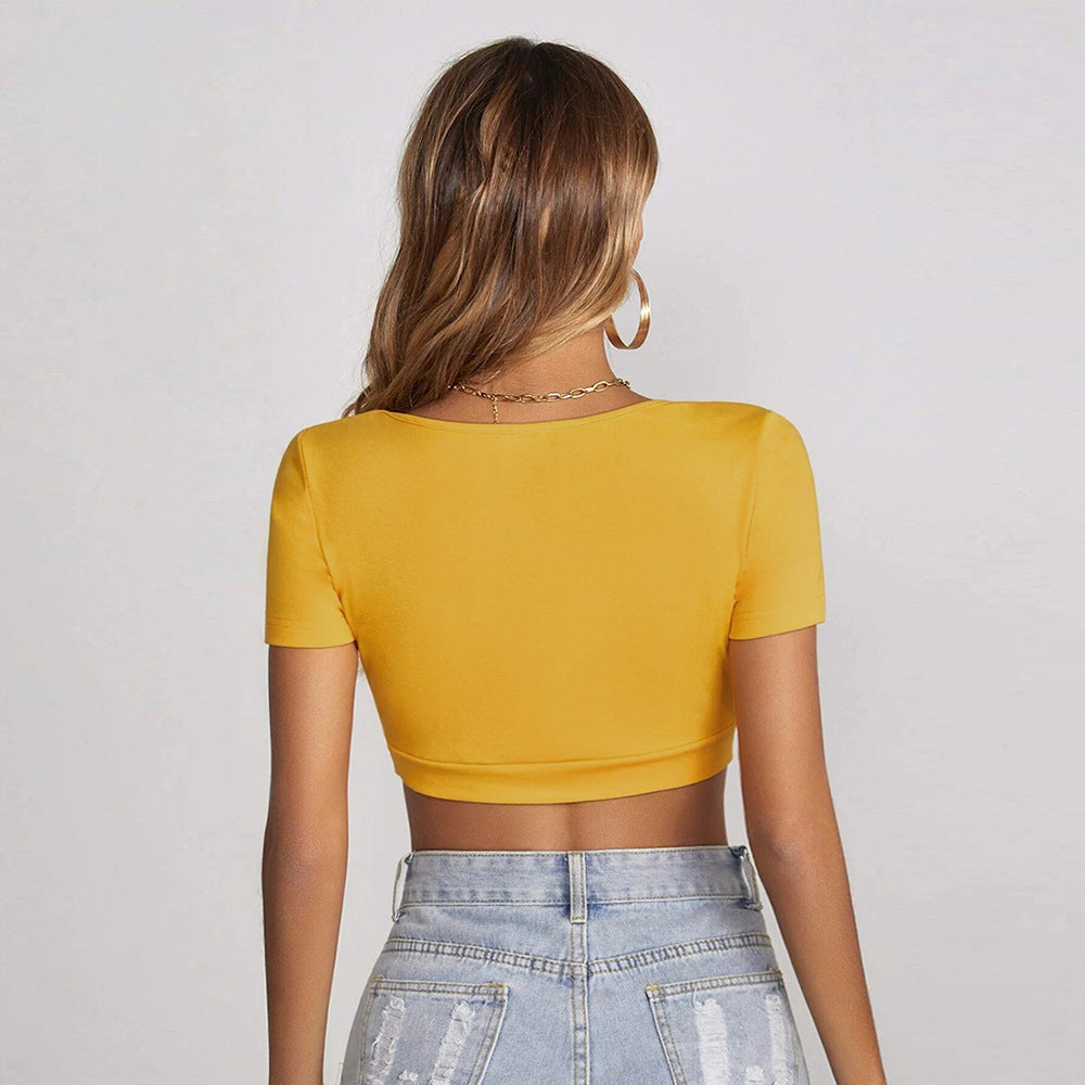 Women Clothing Summer New Square Collar cropped T-shirt Sexy Slim Street Short Sleeve Yiskiss
