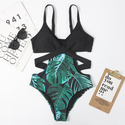 One-Piece Leaf-Shaped Floral Color Matching Women Swimsuit Lace-up Sexy Triangle Bikini