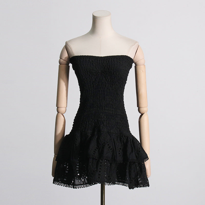 Spring Sexy Sexy Elastic Waist Tube Top Embroidered Ruffled Short Dress for Women BOCAS