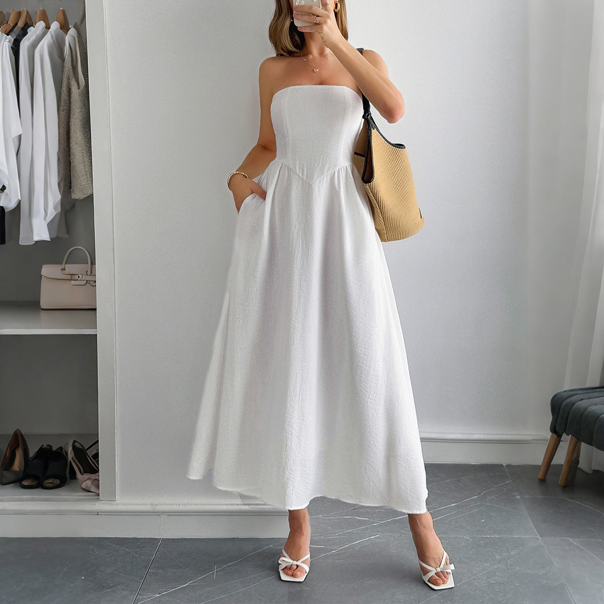 Women Clothing Summer Elegant Tube Top A line Dress Dee